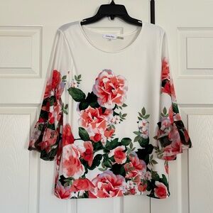 Calvin Klein Collection Floral Top with Ruffled Sleeves L